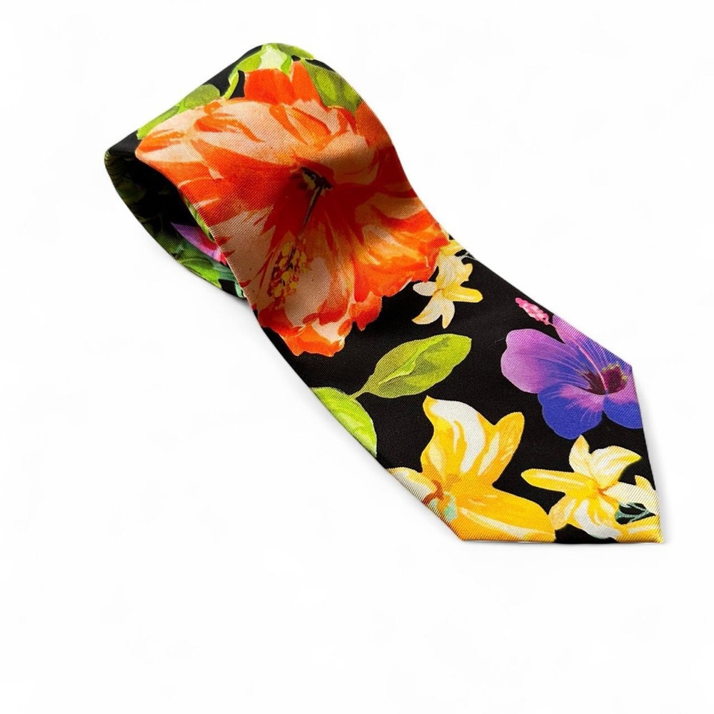 Ralph Laure Purple Label‎ Black Tropical Print Silk Twill Tie